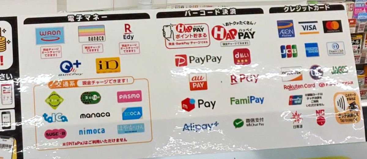 ドラッグイレブン岩川店のレジの支払い方法の掲示。電子マネー・交通系・バーコード決済・クレジットカードのマーク