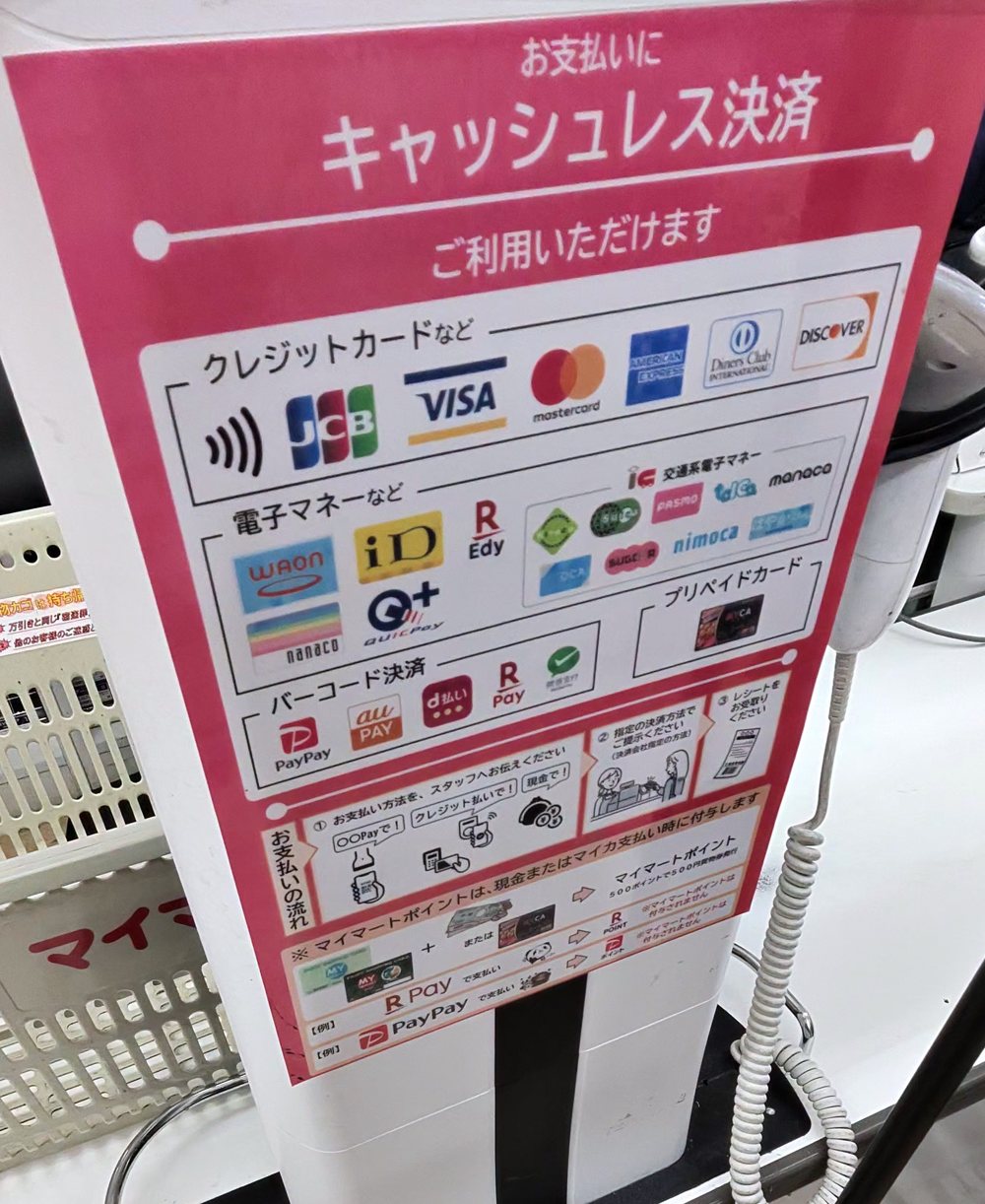 マイマート三原店のレジの「お支払いにキャッシュレス決済ご利用いただけます」の案内。クレジットカード・電子マネー・交通系電子マネー・プリペイドカード・バーコード決済のロゴが並ぶ