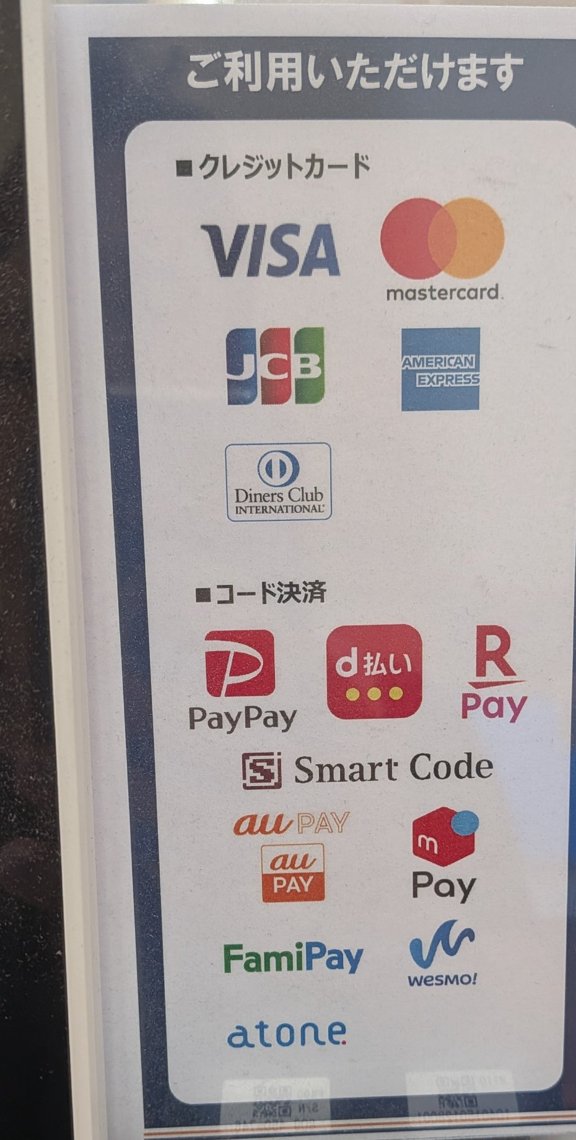 サンディ永和店のレジ横の掲示。クレジットカード5つと、PayPay・d払い・楽天ペイ・Smart Codeなどのコード決済が並んでいる