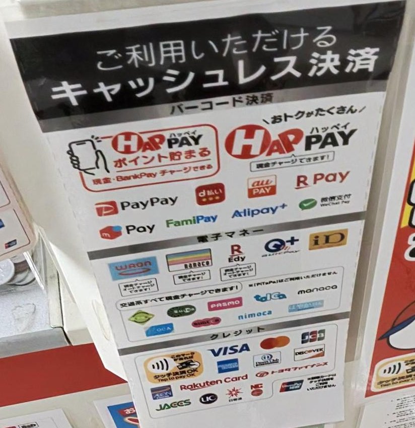 ツルハドラッグ生野田島店のレジの「ご利用いただけるキャッシュレス決済」。バーコード決済はHAPPAY・PayPay・d払い・au PAY・楽天ペイ・メルペイ・FamiPay・Alipay+・WeChat Pay、電子マネーはWAON・nanaco・楽天Edy・QUICPay・iD・交通系IC(PiTaPaはご利用いただけません)、クレジットはタッチ決済OKとVISA・Mastercard・JCBなどのロゴ